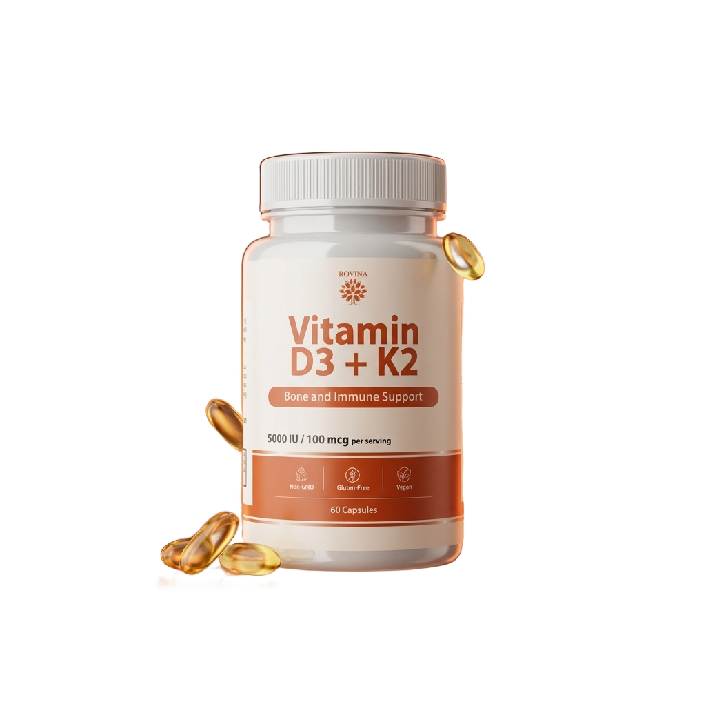 Rovina Vitamin D3 plus K2 bottle on a transparent background