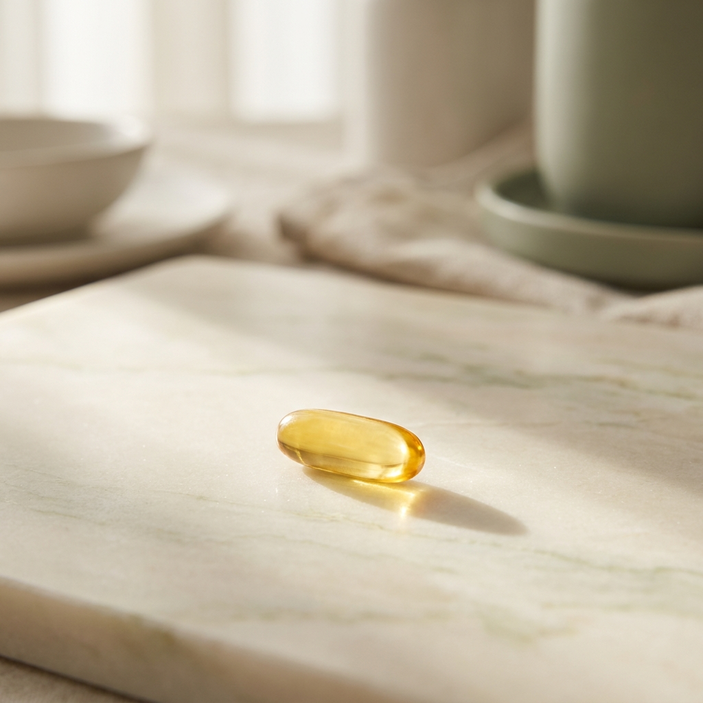 Single golden softgel capsule on light stone in morning sunlight