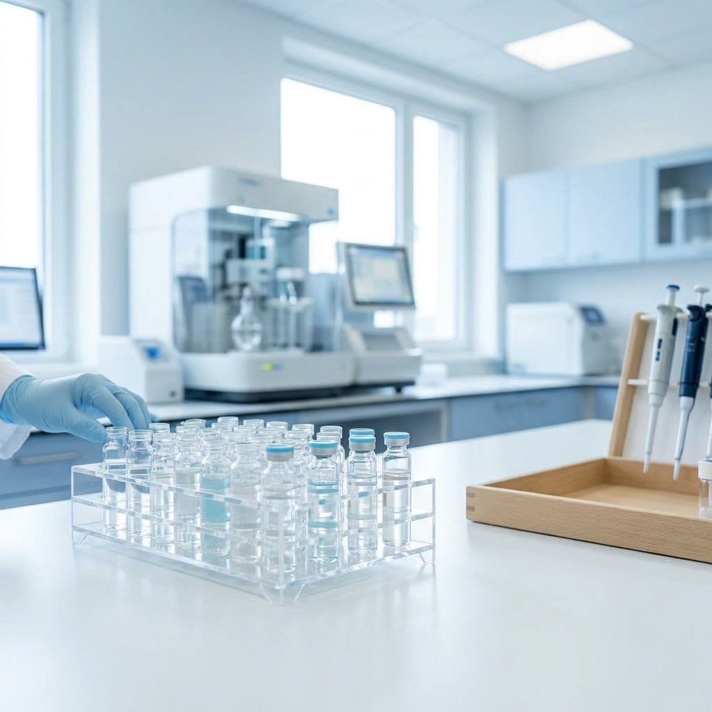 Rack of sample vials in a laboratory during purity testing