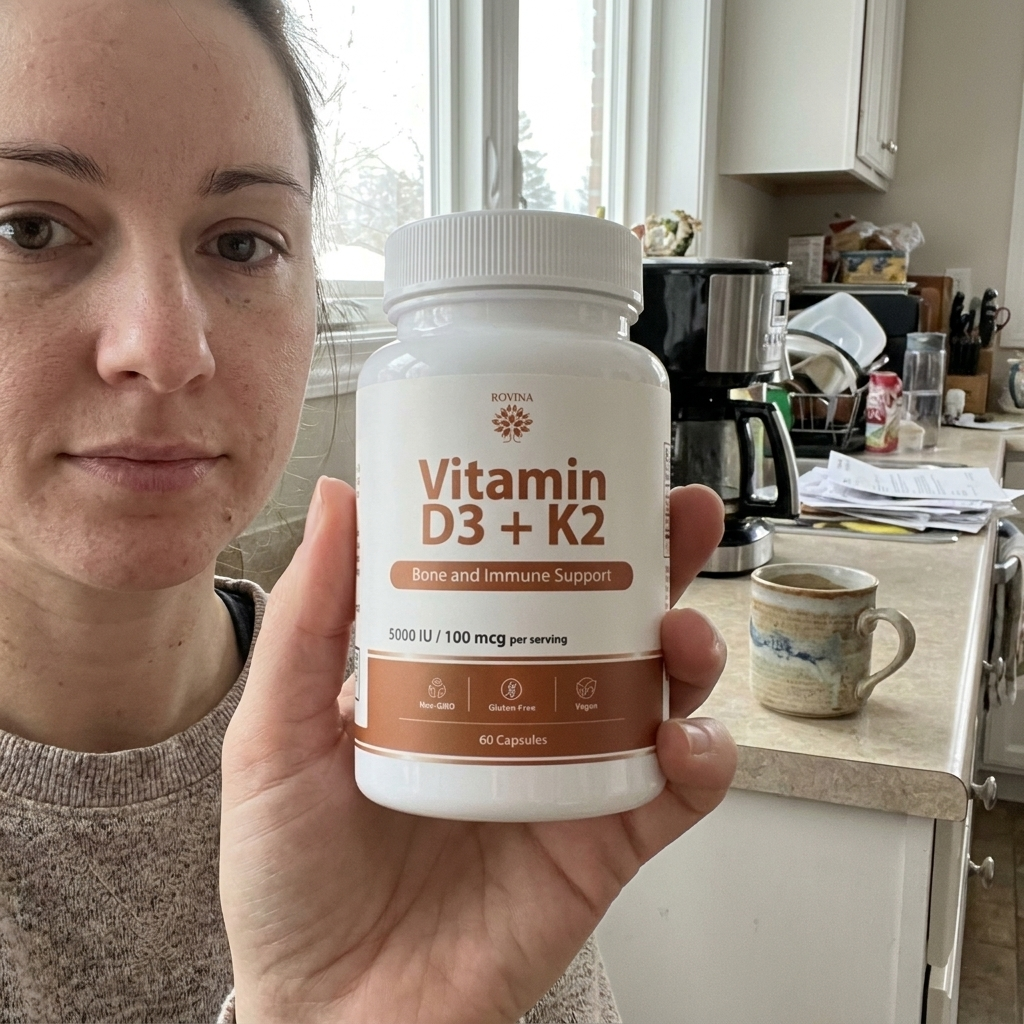 Person holding Rovina Vitamin D3 plus K2 in a home kitchen