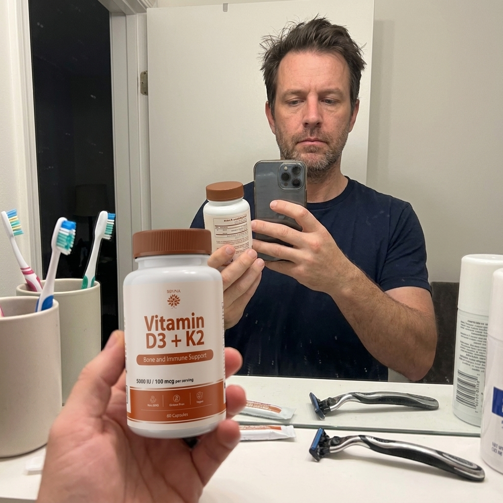 Person holding Rovina Vitamin D3 plus K2 in a bathroom