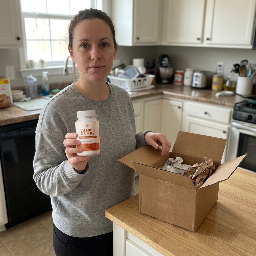 Person at a kitchen island holding Rovina Vitamin D3 plus K2 beside a delivery box (Verified reviewer)
