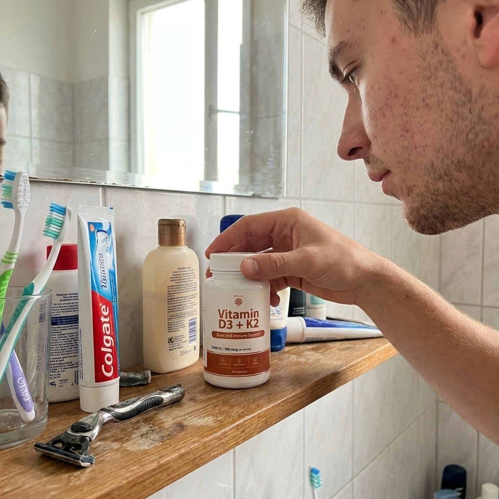 Rovina Vitamin D3 plus K2 on a bathroom shelf