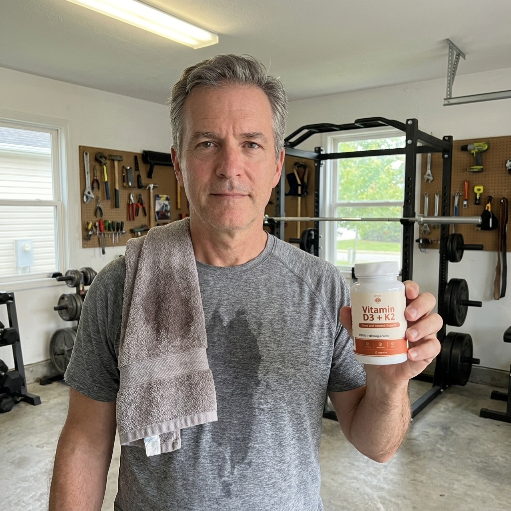 Person in a home gym holding Rovina Vitamin D3 plus K2