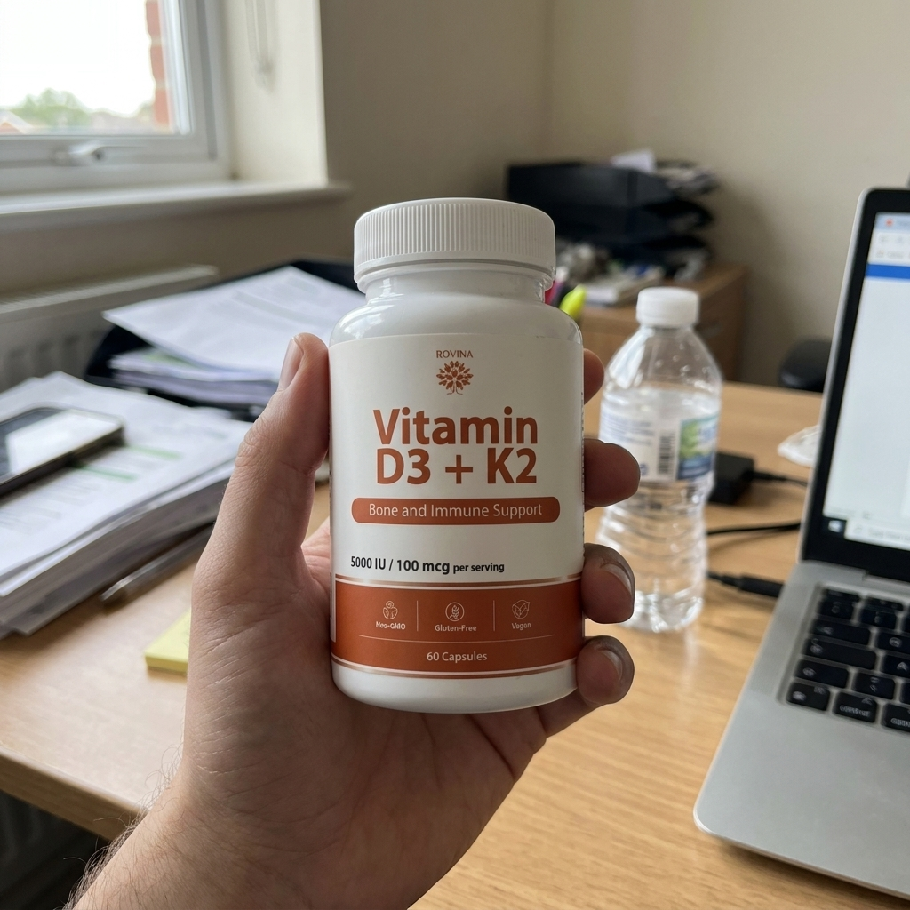 Person at a desk holding Rovina Vitamin D3 plus K2