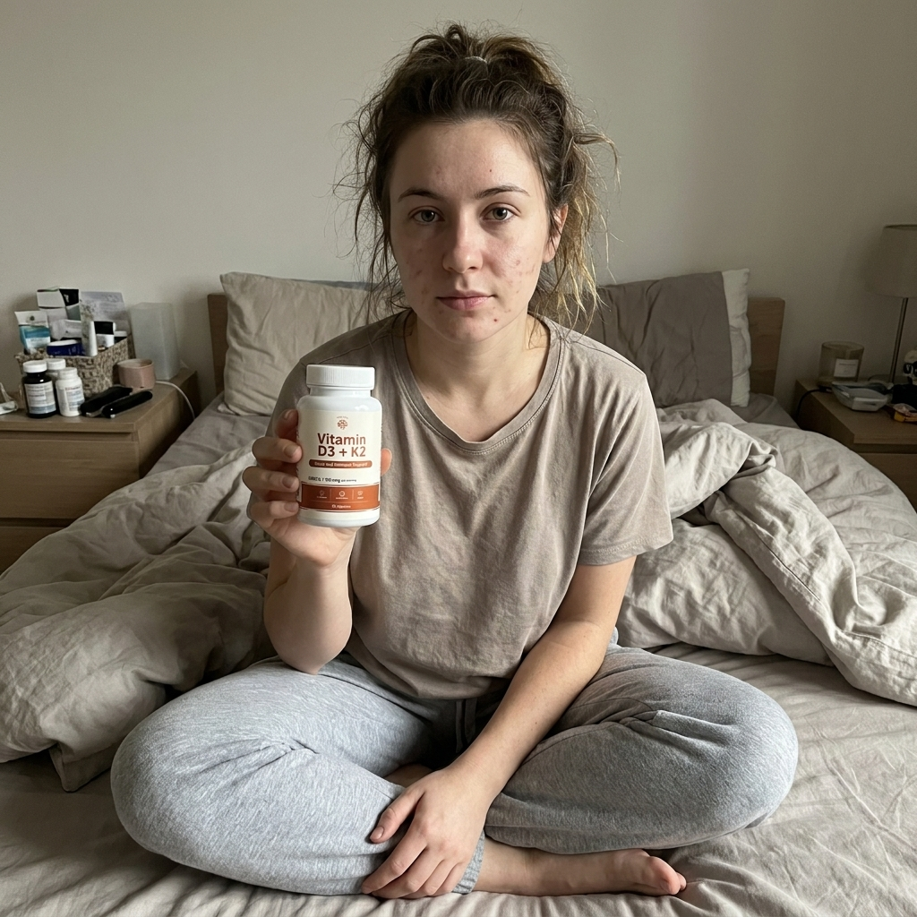Person sitting on a bed holding Rovina Vitamin D3 plus K2