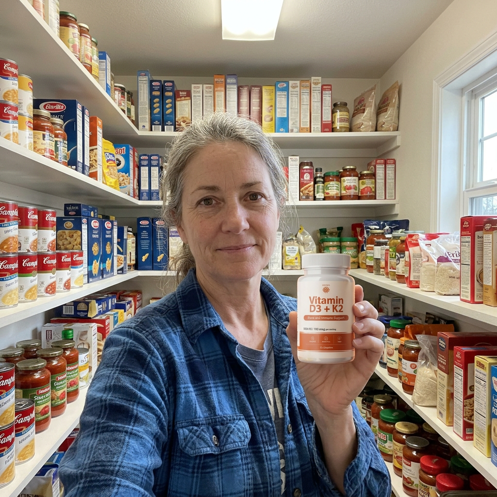 Person in a pantry holding Rovina Vitamin D3 plus K2