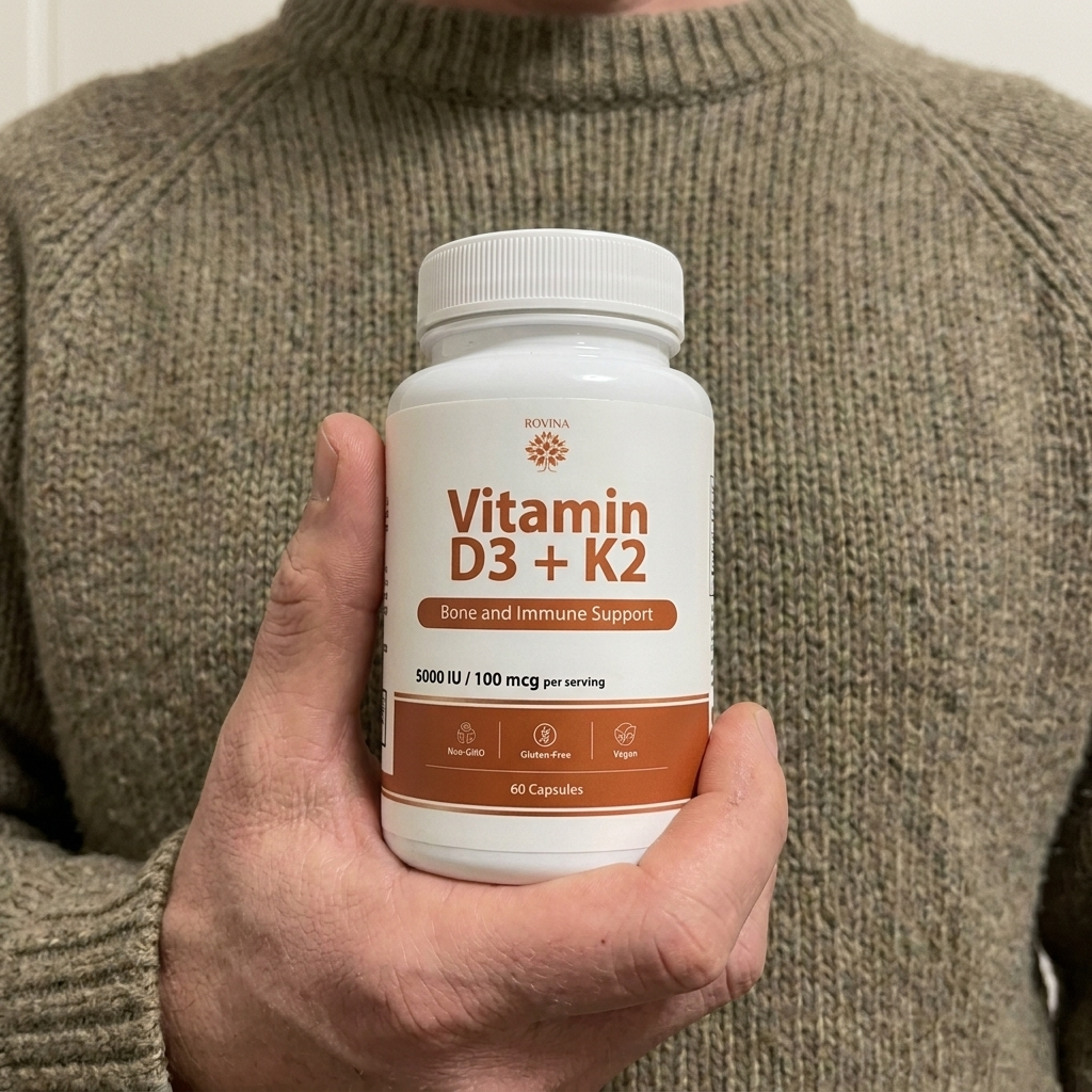 Person holding Rovina Vitamin D3 plus K2 against their chest