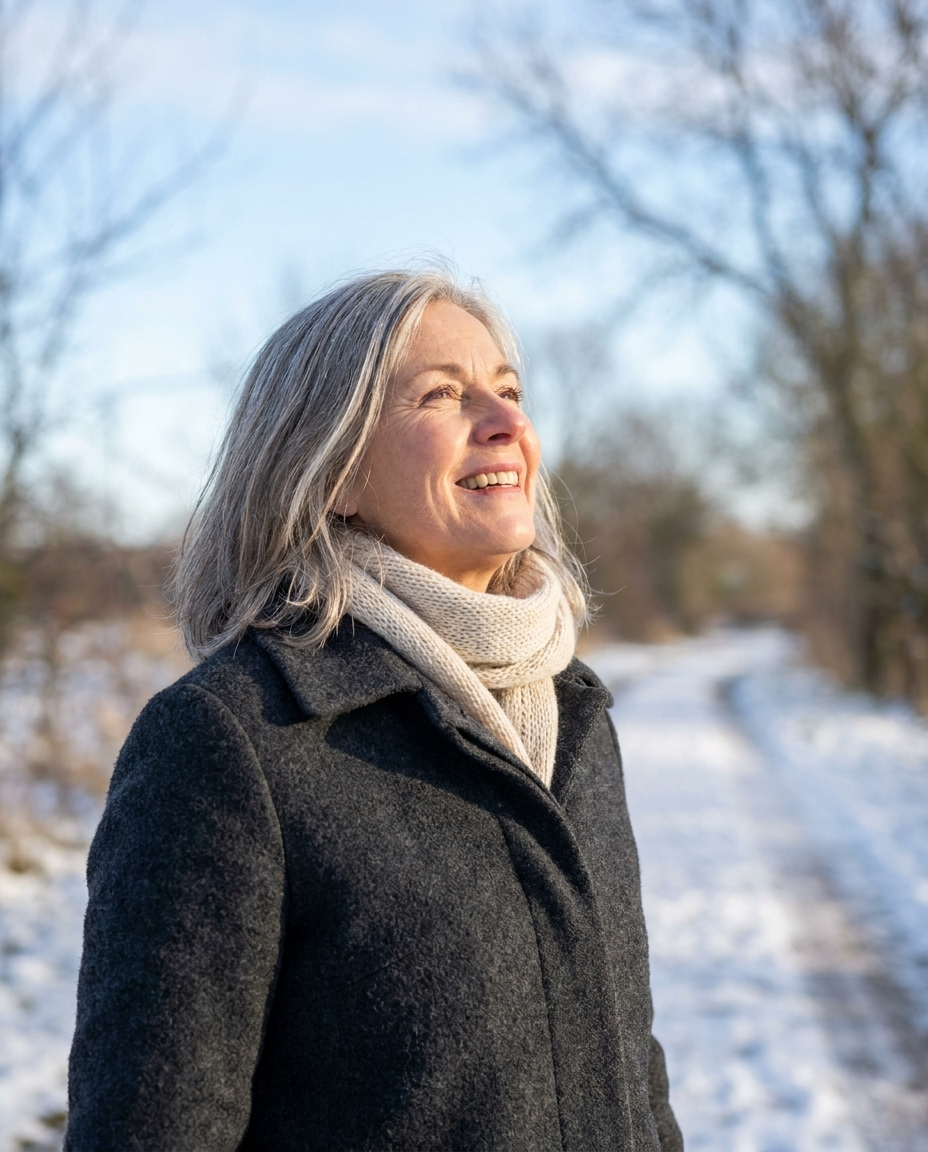 Woman in her fifties outdoors in bright winter sunlight, warmly wrapped