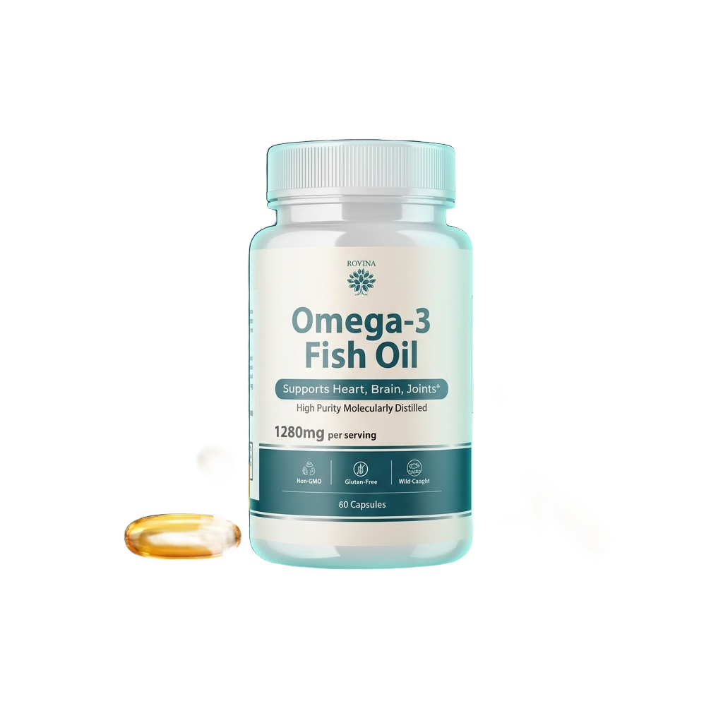 Rovina Omega-3 Fish Oil bottle on a transparent background