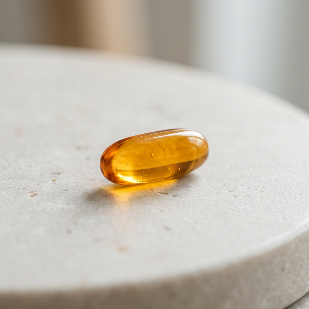 Single amber omega-3 softgel on pale stone