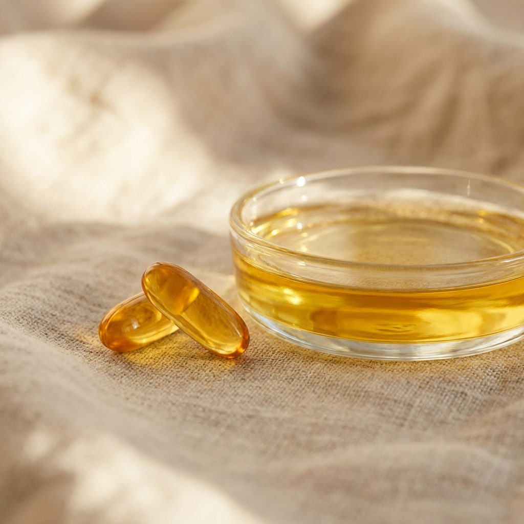 Omega-3 softgels beside a dish of golden fish oil