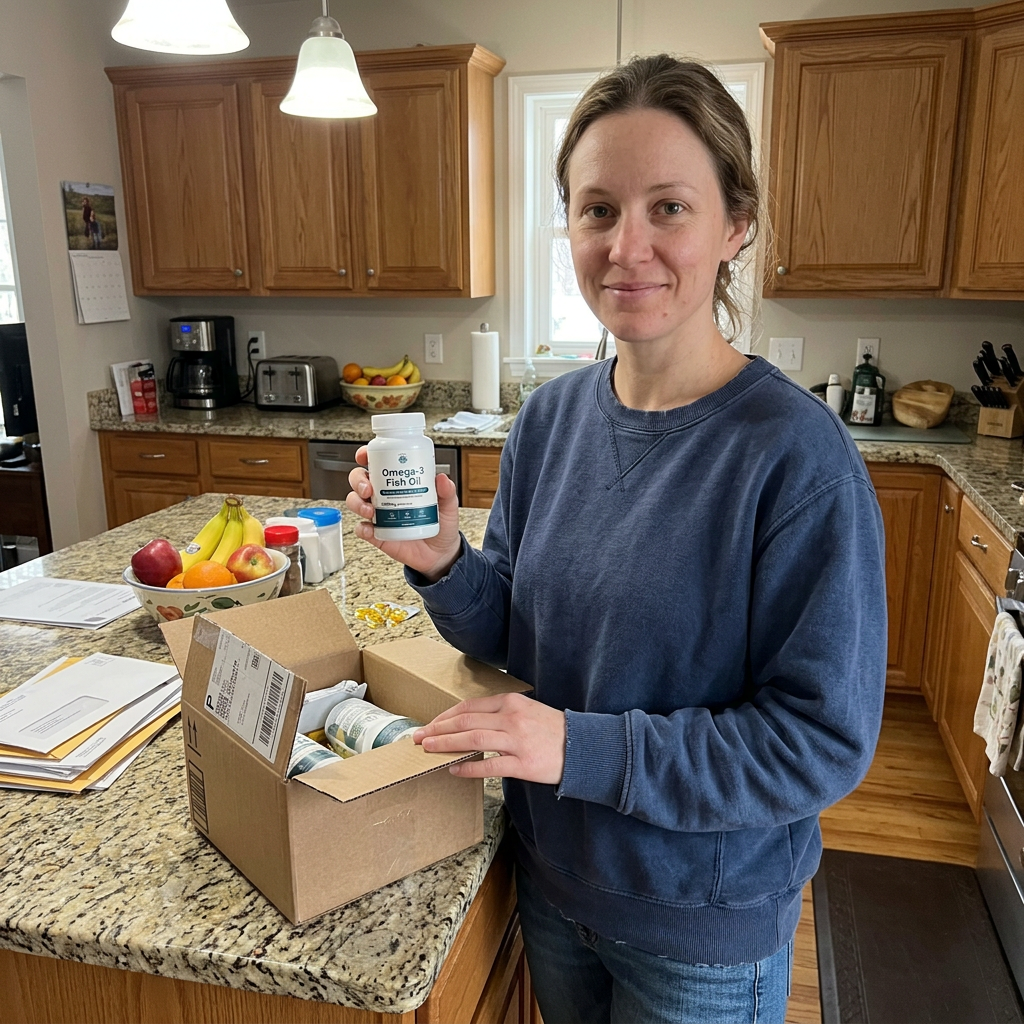 Person at a kitchen island holding Rovina Omega-3 Fish Oil beside a delivery box