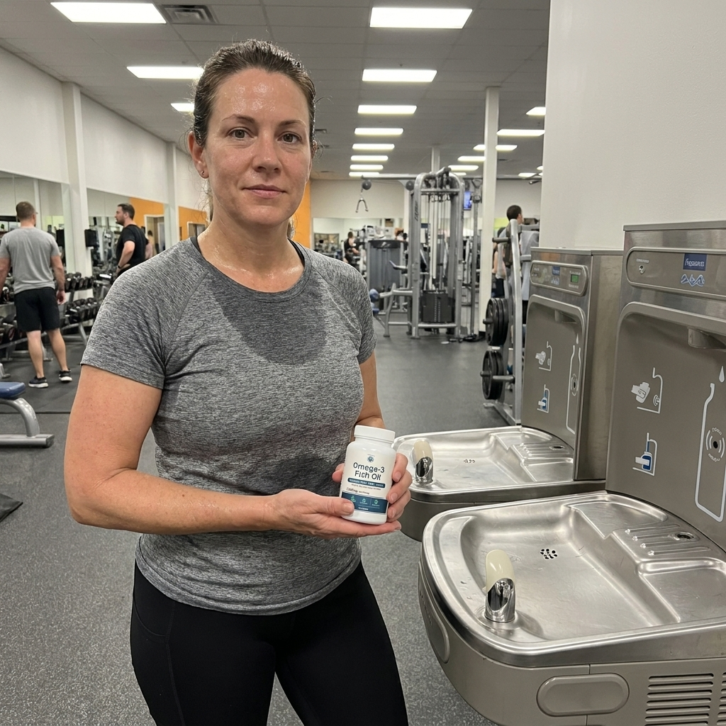 Person in gym clothes holding Rovina Omega-3 Fish Oil