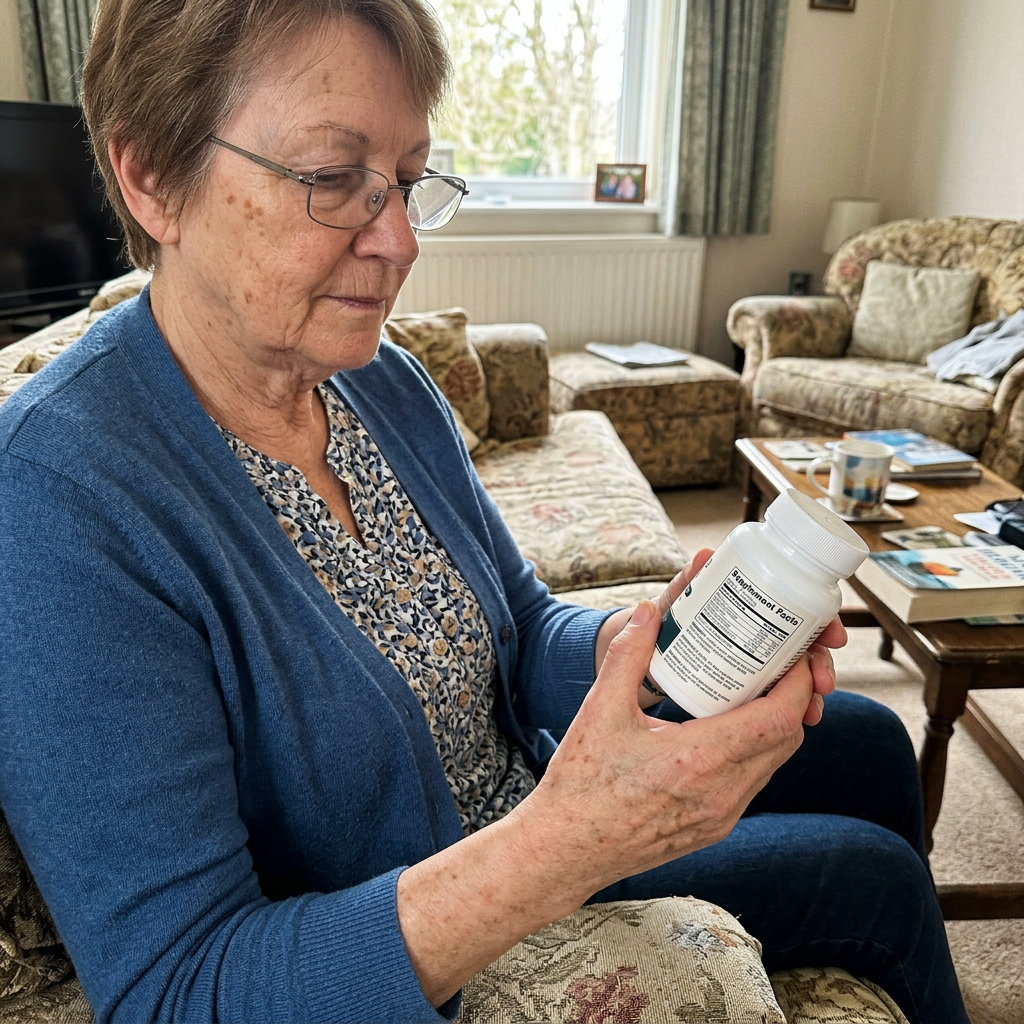 Person reading the label of Rovina Omega-3 Fish Oil