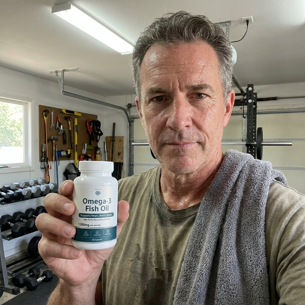 Person in a home gym holding Rovina Omega-3 Fish Oil