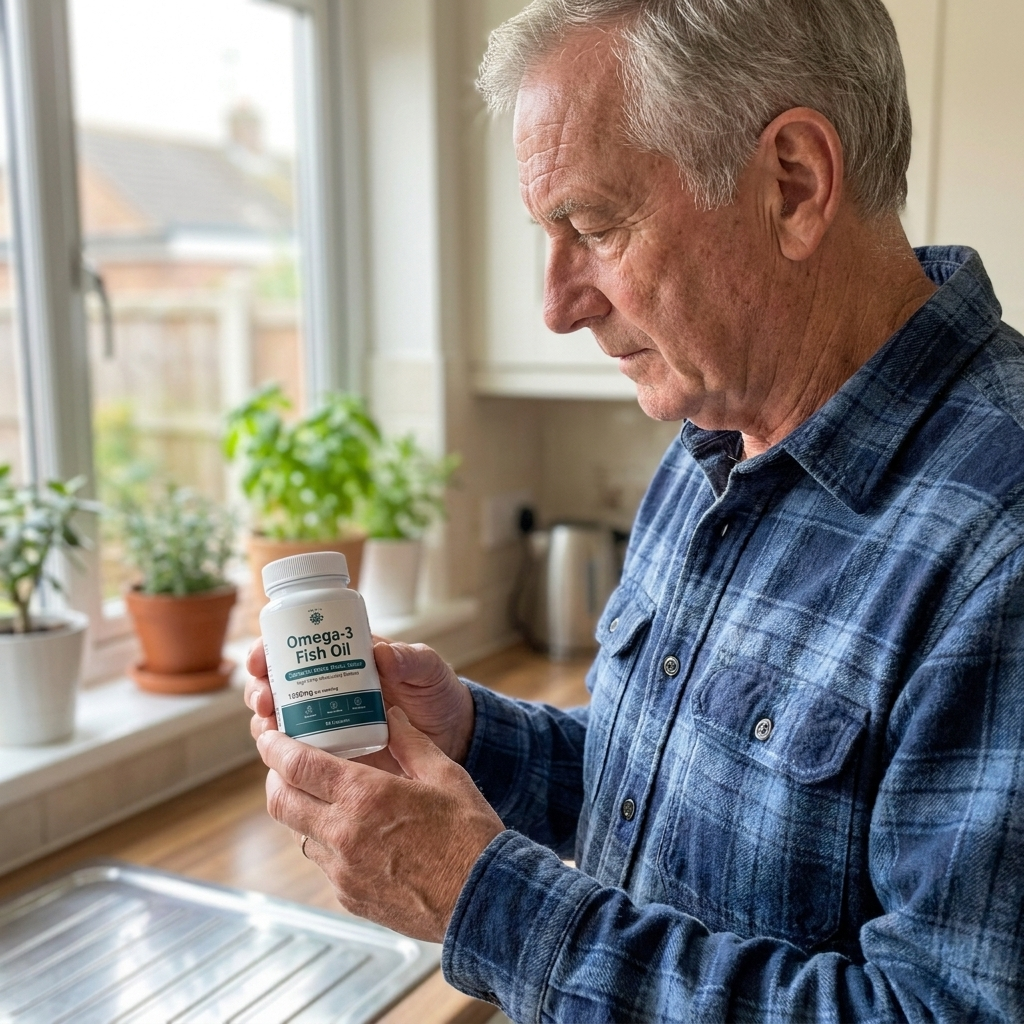 Person by a kitchen window holding Rovina Omega-3 Fish Oil
