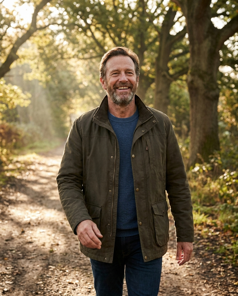 Man in his fifties walking comfortably on a tree-lined path in morning light