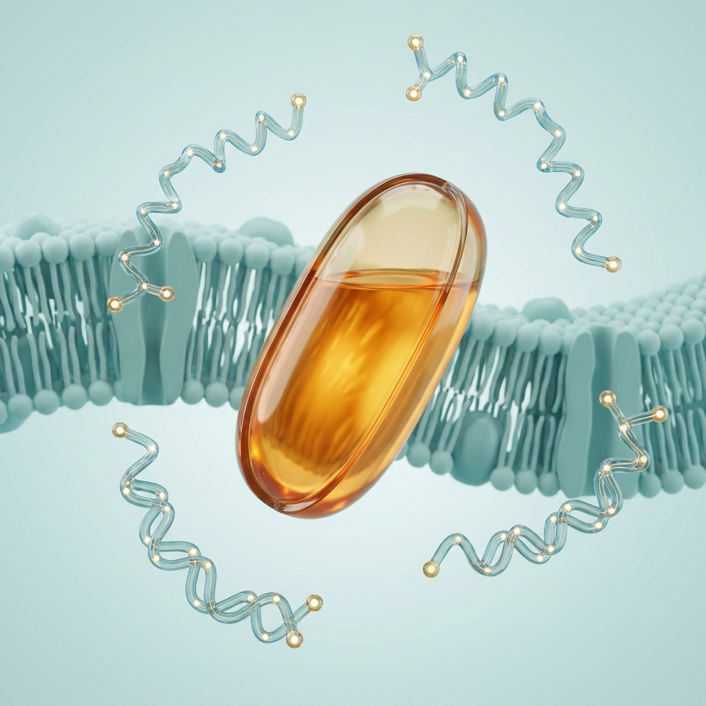 Cross-section of an omega-3 softgel with fatty acid chain structures