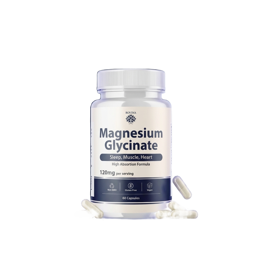 Rovina Magnesium Glycinate bottle on a transparent background