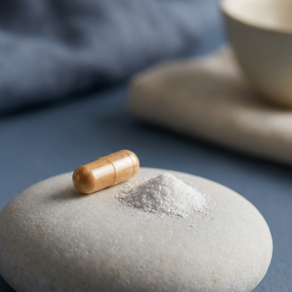 Single magnesium capsule on pale stone beside fine mineral powder