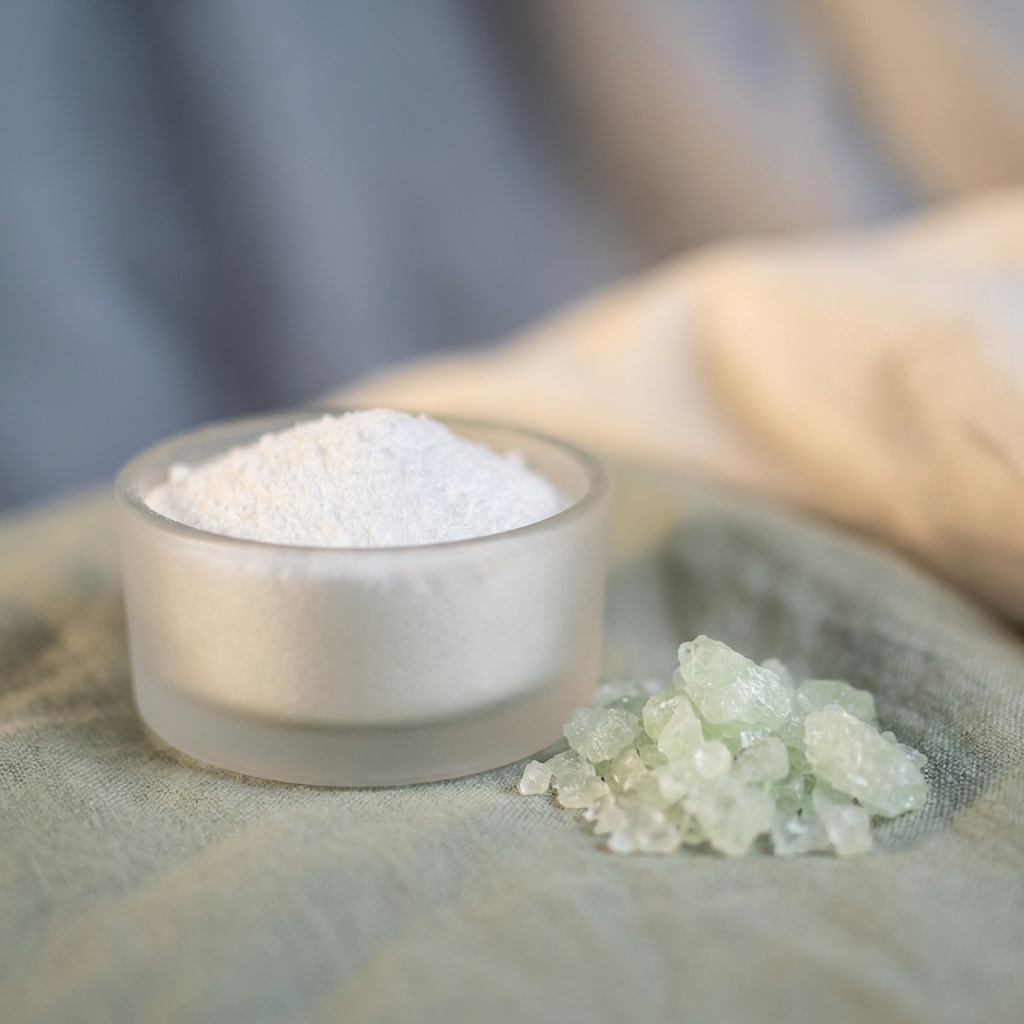 Magnesium powder beside glycine crystals, illustrating the chelated glycinate form