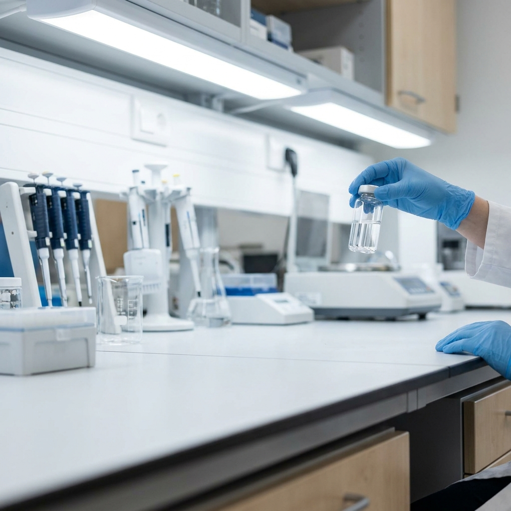 Laboratory technician holding a sample vial during quality testing