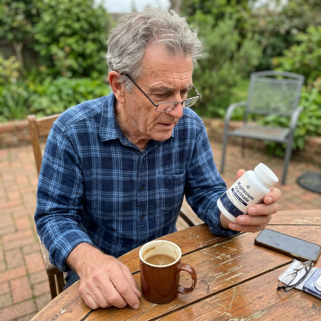 Person at a patio table reading the label of Rovina Magnesium Glycinate