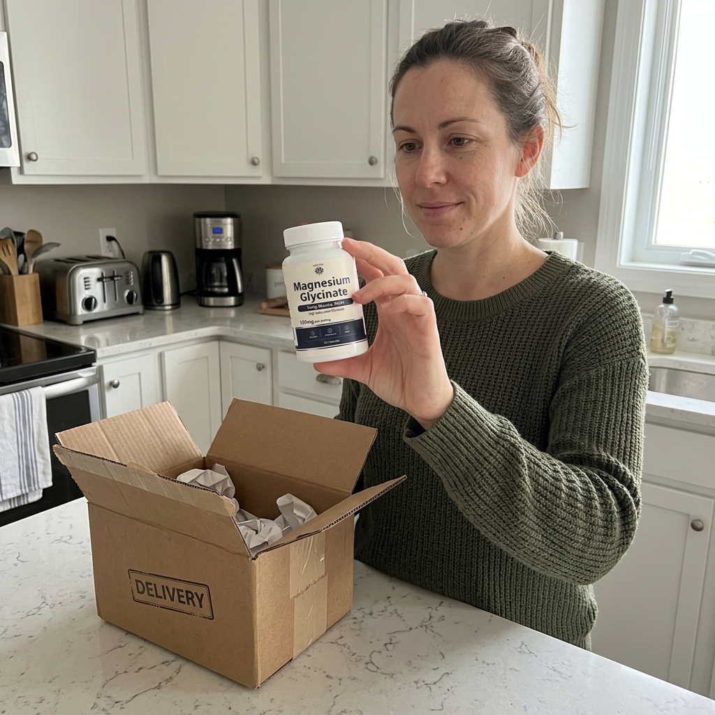 Person at a kitchen island holding Rovina Magnesium Glycinate beside a delivery box