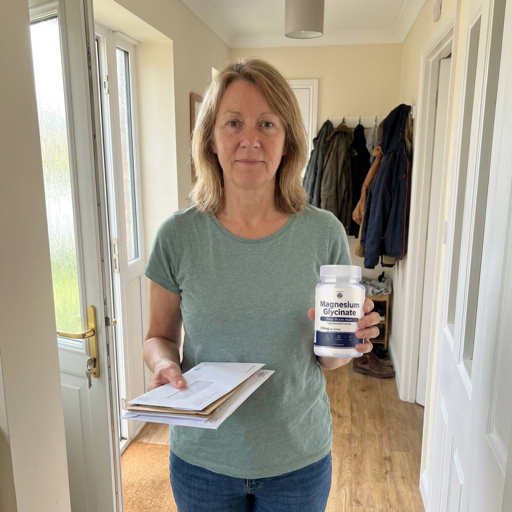 Person at their front door holding Rovina Magnesium Glycinate