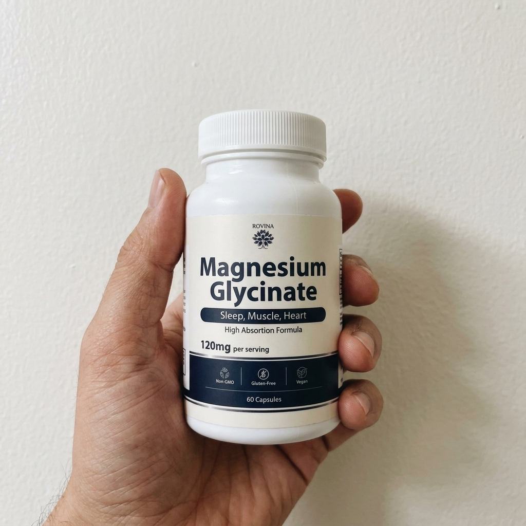 Hand holding Rovina Magnesium Glycinate against a wall