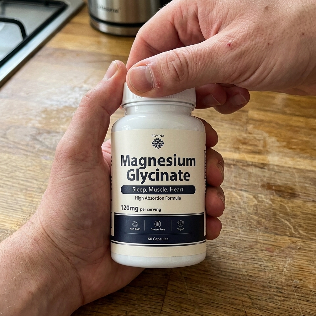 Hands opening a bottle of Rovina Magnesium Glycinate