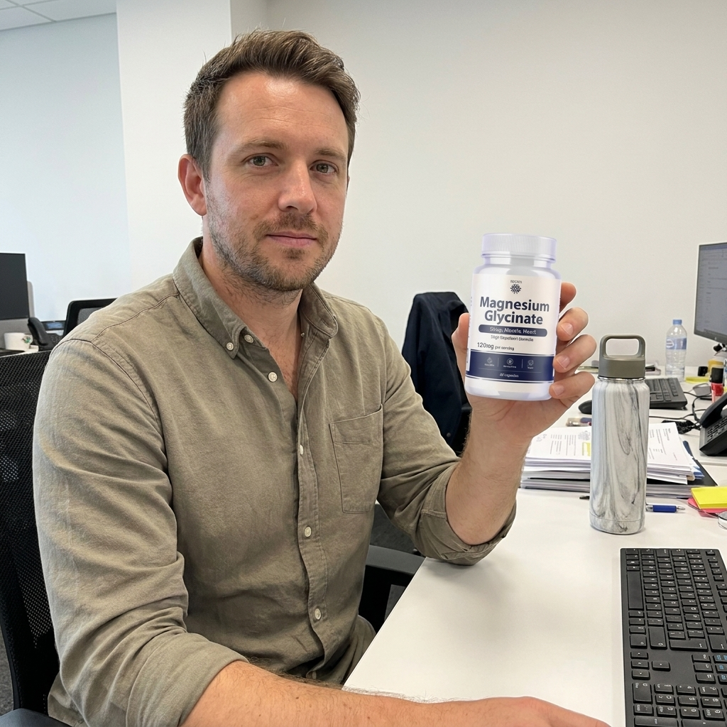 Person at a desk holding Rovina Magnesium Glycinate