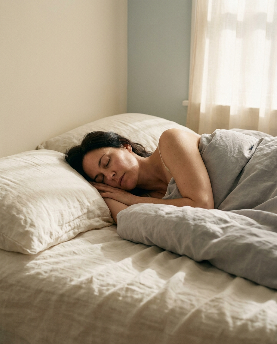 Woman sleeping peacefully in soft linen bedding at dawn