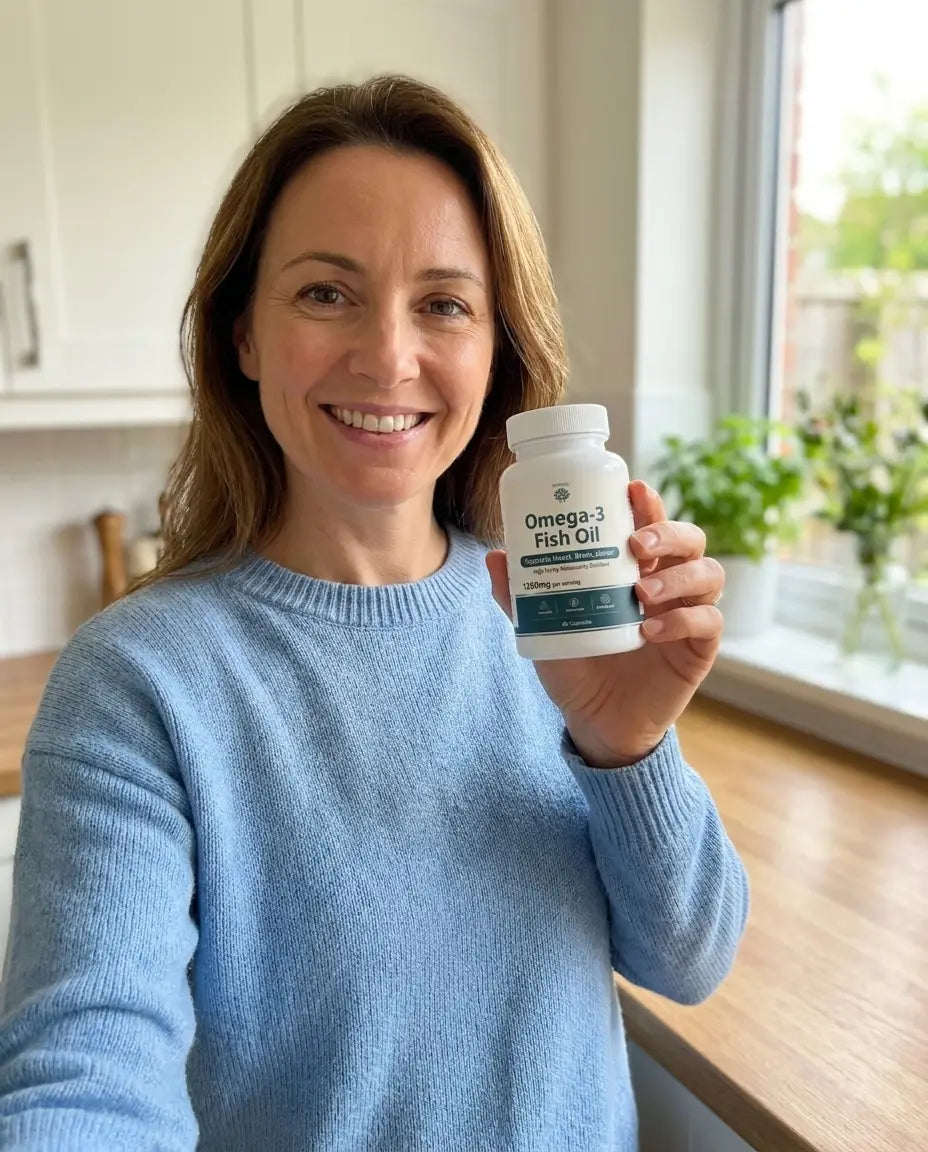 Woman holding a bottle of Rovina Omega-3 Fish Oil in a kitchen