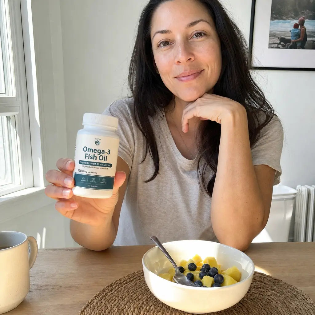 Person holding a bottle of Rovina Omega-3 Fish Oil at a breakfast table (Verified reviewer)