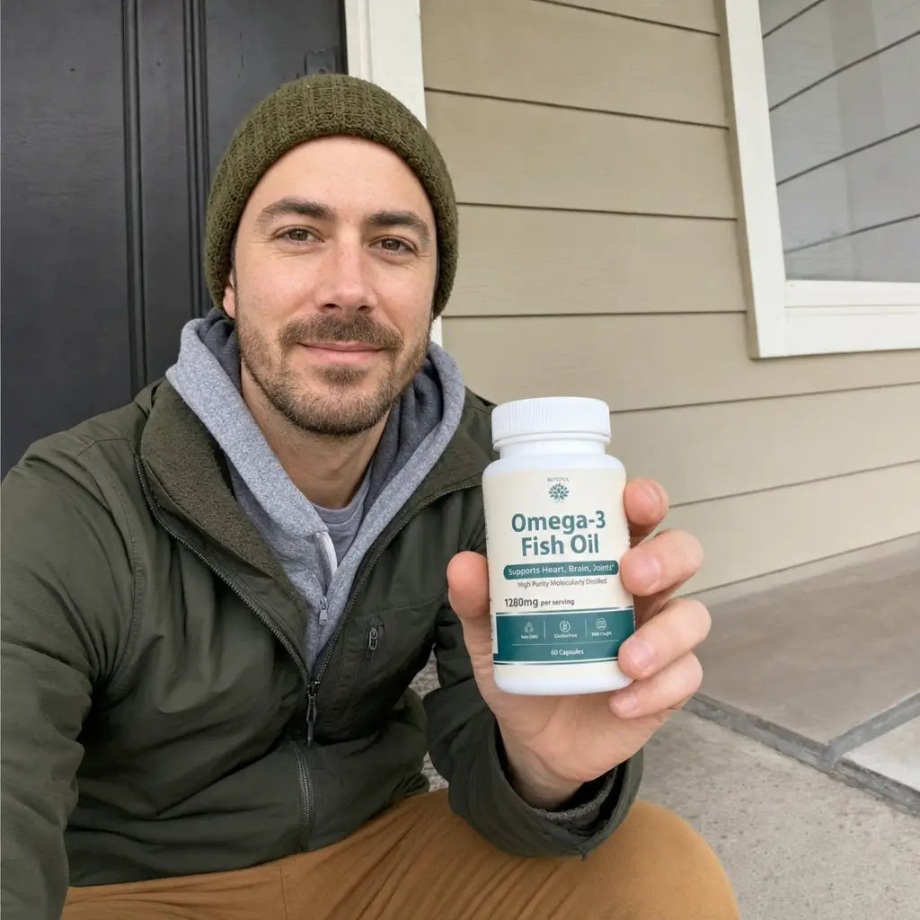 Person holding a bottle of Rovina Omega-3 Fish Oil on a porch step